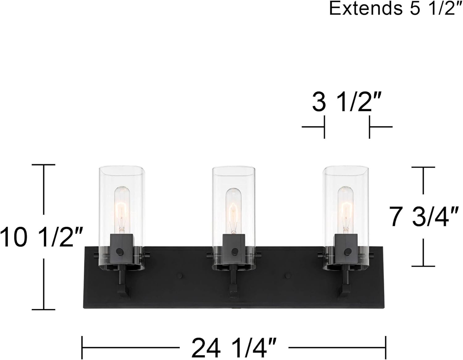 Possini Euro Design Metis Industrial Modern Wall Light Classic Black Metal Hardwired 24 1/4" 3-Light Fixture Clear Glass Shade for Bedroom Bathroom Vanity Reading Living Room Hallway House Home