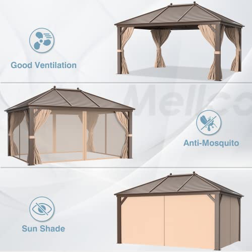 MELLCOM 12'x16' Hardtop Gazebo, Galvanized Steel Metal Double Roof Canopy with Curtains and Netting, Brown Permanent Pavilion Gazebos with Aluminum Frame for Garden, Patio, Lawns, Deck