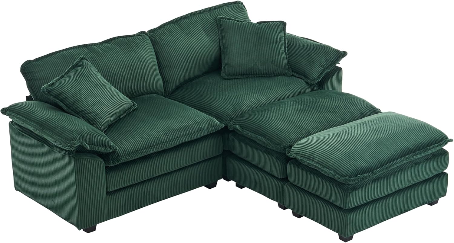 Oversized Convertible Sleeper Sofa Indoor, Deep Seat Chaise Lounge Chair, 2 Layer Thicken Upholstered Sleeper Sofa with Ottoman & Pillows, 84.6" W Loveseat Sofa for Living Room (Green)