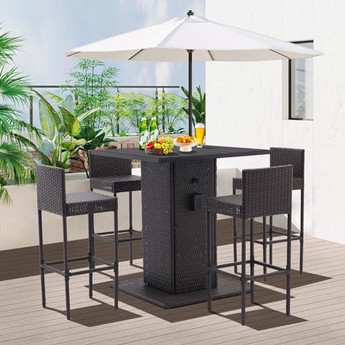 Patio Bar Set 5-Piece Outdoor Wicker Bar Set, Wicker Bar Table with Built-in Bottle Opener, Hidden Storage Shelf and 4 Stools for Outside Backyards Porches Gardens Poolside (Grey)