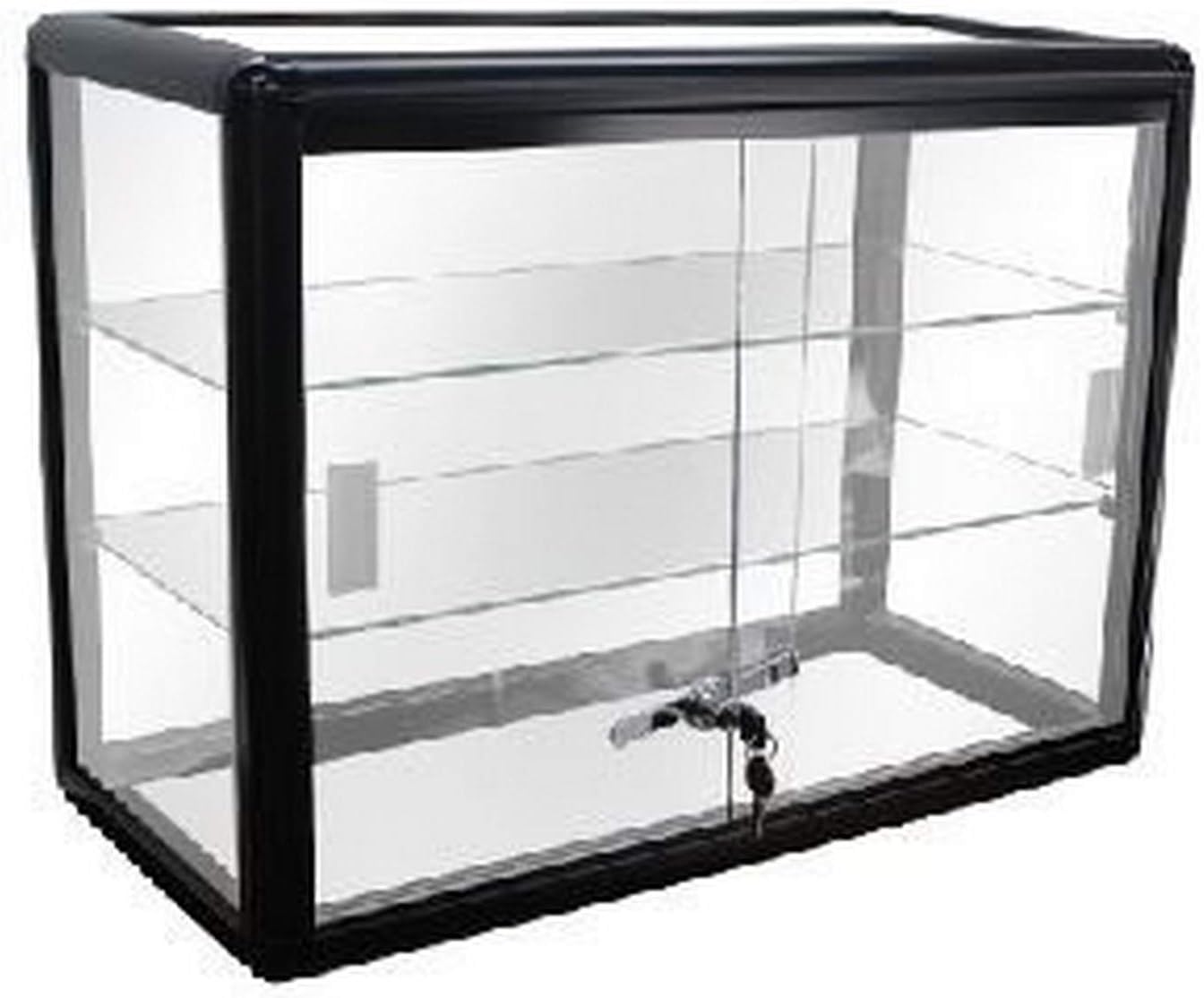 Elegant Black Aluminum Display Table Top Tempered Glass Show Case. Sliding Glass Doors with Lock