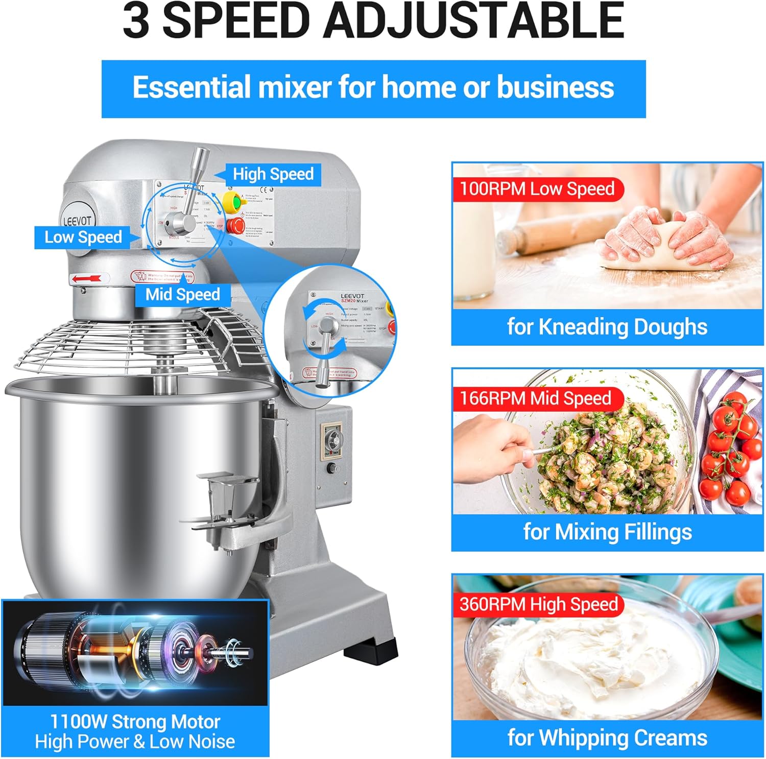 20Qt 1100W Commercial Food Mixer, Commercial mixer 3-Speed Adjustable Heavy Duty Stand Mixer with Stainless Steel Bowl for Bakery Pizzeria. (Standard)