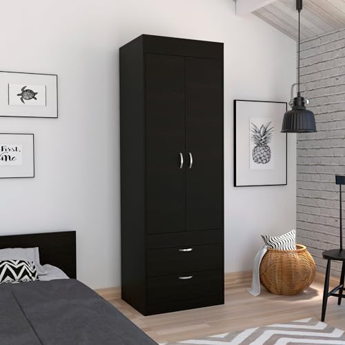 Armoire Wardrobe 2 Doors and 1 Drawer, Clothes Cabinet with Storage Shelves and Hanging Rod, Freestanding Wooden Closets Organization for Bedroom, 31.5″x19.7″x71.1″, 19.5 inch, White