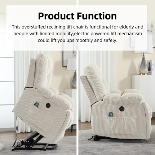 CANMOV Large Power Lift Recliner Chair with Massage, Heat, and USB for Elderly, Overstuffed Wide Recliners, Heavy Duty and Safety Motion Reclining Mechanism, Gray