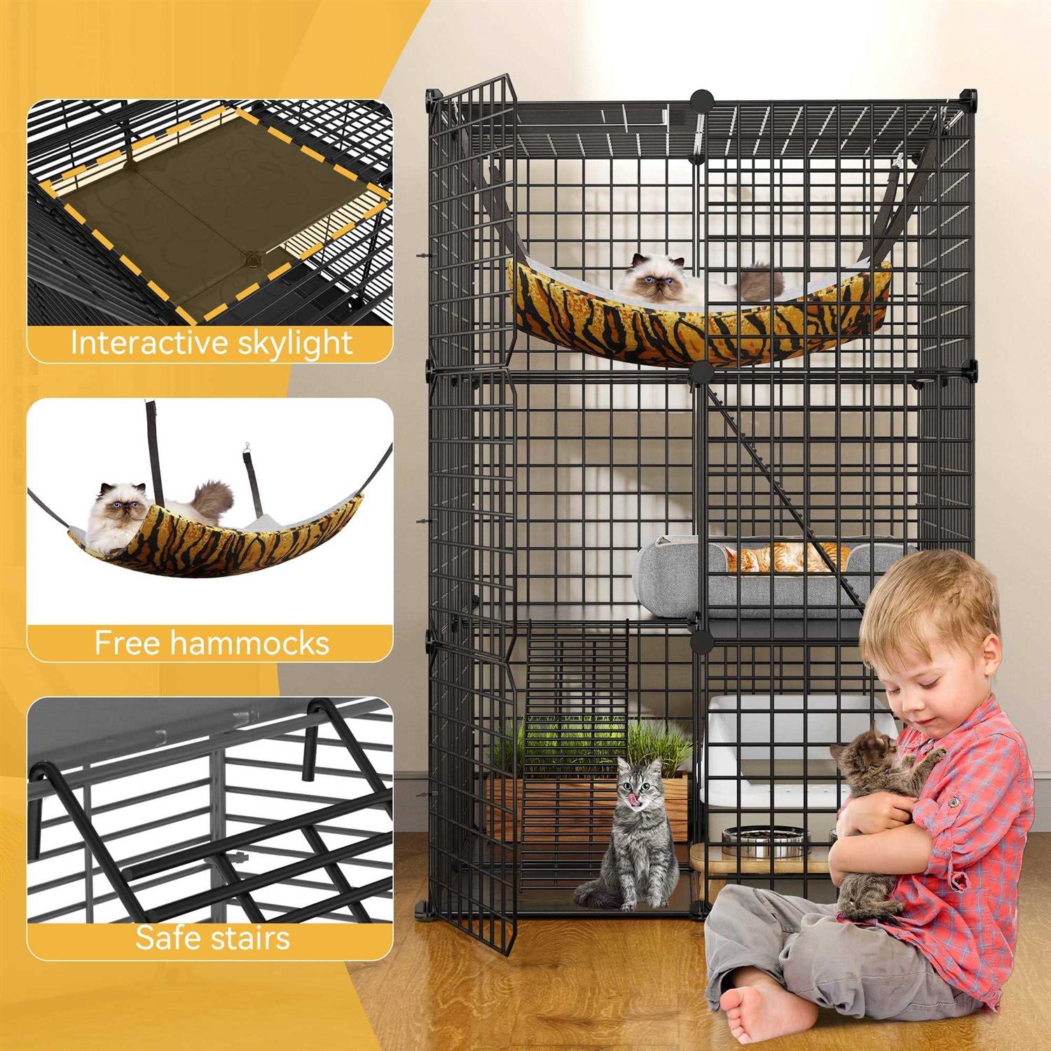 Dextrus 3-Tiers Cat Cage,Cat Enclosures Metal Cat Kennels Pet Crate with Extra Large Hammock for 1-2 Cats - Pet Supplies online store