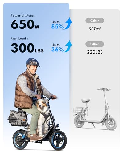 Gyroor C1 Plus Electric Scooter for Adults with Seat & Pet Basket - 30 Miles Range 650W Motor 48V 13.5Ah Battery 18.6MPH 14" Pneumatic Tires Foldable Design Dual Shock Absorbers 300lbs Capacity