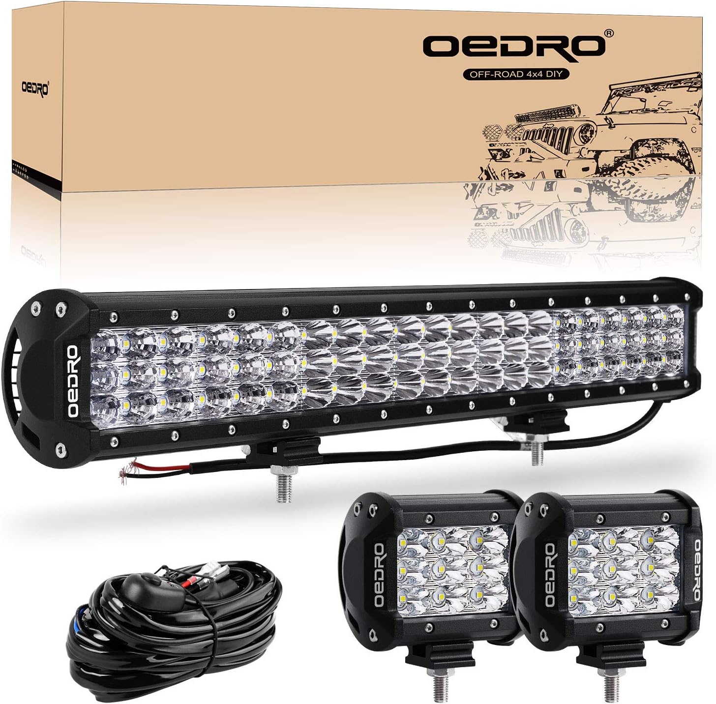 oEdRo LED Light Bar 20 Inch 300W Tri-Row Spot Flood Combo Work Light + 4Pcs 4 Inch 27W LED Pods Driving Fog Lamp Fit for Off Road Truck Car Boat SUV ATV UTV Pickup (No Wiring Harness)