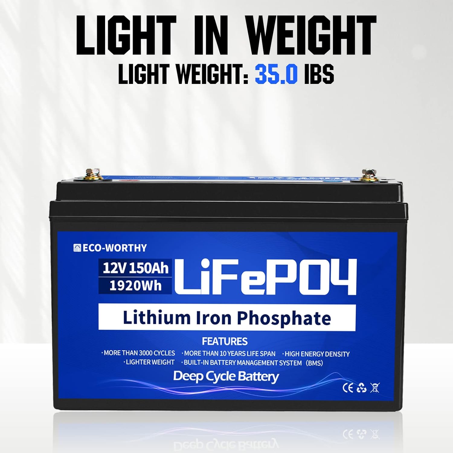 ECO-WORTHY 12V Lithium Battery, 150Ah Rechargeable LiFePO4 Lithium Ion Phosphate Deep Cycle Battery with BMS Protection, Perfect for RV, Marine, Motorhome, Solar, Household battery