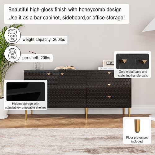 Sideboard Buffet Cabinet, 48 Inch Modern Storage Cabinet with 3 Doors and Adjustable Shelves, Free-Standing Cabinet with Gold Legs for Living Room, Dining Room, Entryway, Office,White