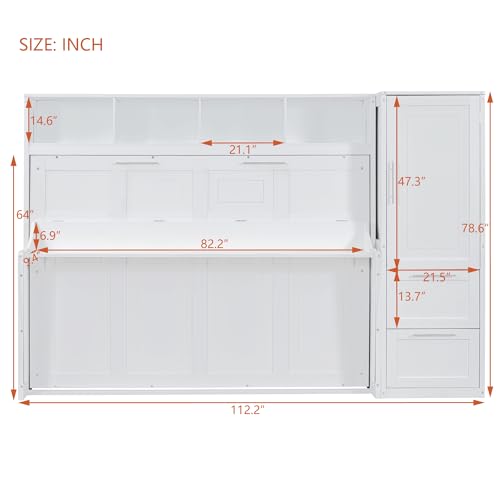 SOFTSEA Queen Size Horizontal Murphy Bed, Queen Murphy Bed with Desk Wardrobe Storage Shelf, Queen Hideaway Wall Bed with Drawers Space-Saving for Guest Room Bedroom or Office, Gray