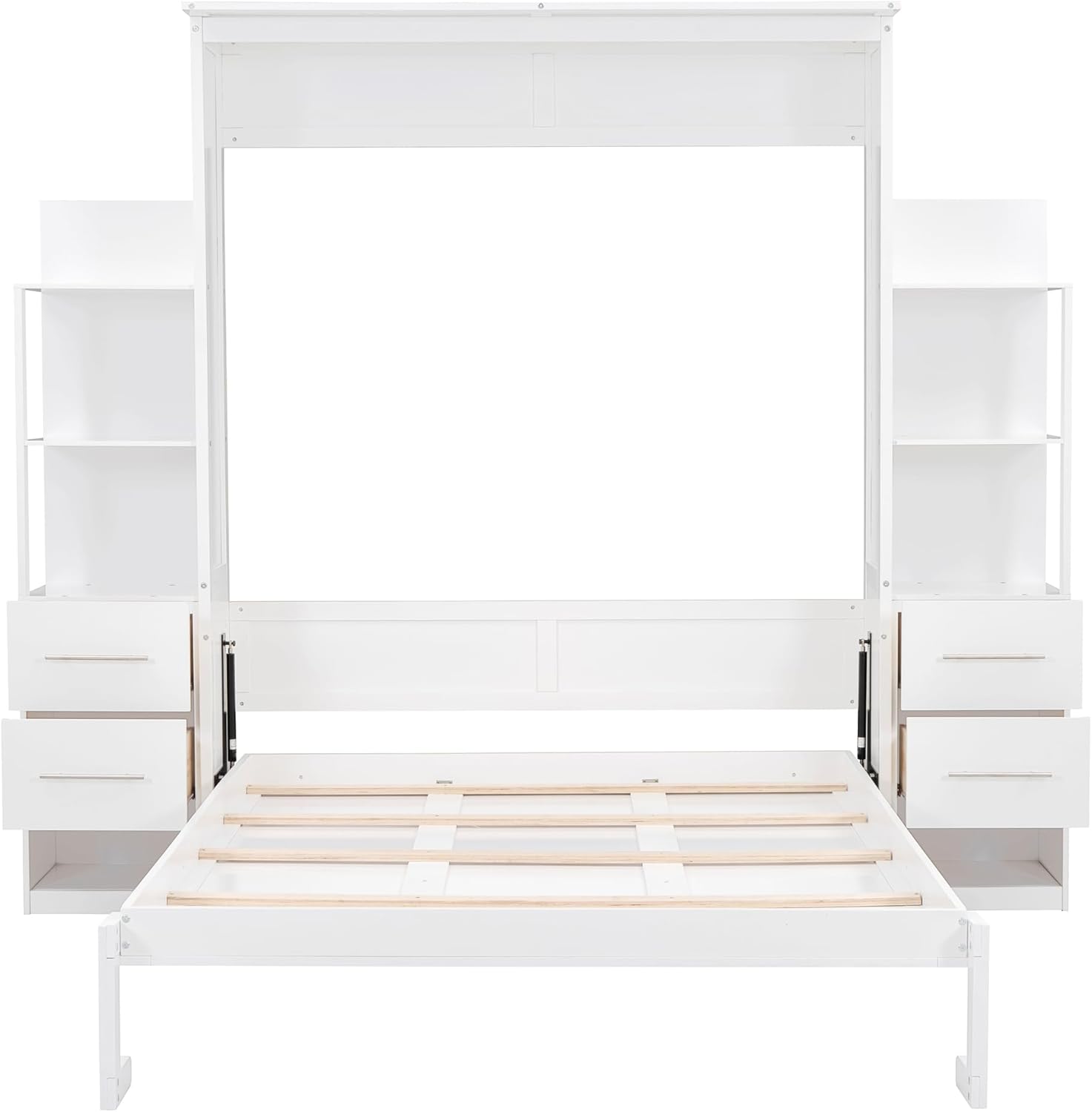 Queen Size Murphy Bed Wall Bed with Shelves, Drawers and LED Lights,White