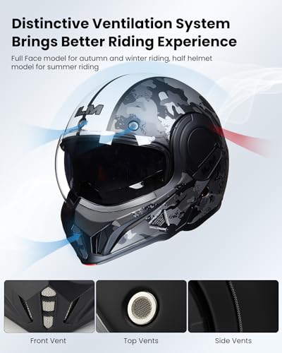 ILM Vintage Full Face Modular Motorcycle Helmet for Adults Men ATV UTV Snowmobile with 180° Reversible Chin Guard DOT Model-B707(Matte Black, L)