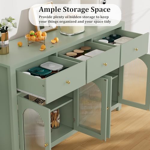 FINETONES Buffet Cabinet with Storage, 55.1" Large Sideboard Buffet Farmhouse Kitchen Cabinet with 3 Drawers and 4 Doors, Wood Coffee Bar for Kitchen, Black