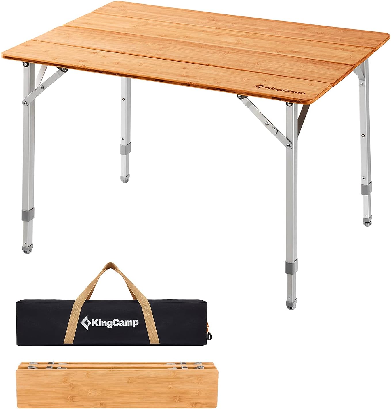 KingCamp Bamboo Folding Table Environmental Camping Table with Adjustable Height Aluminum Legs Heavy Duty 4-Folds Portable Camp Tables for Travel, Picnic, Party, Beach, Outdoor and Indoor, 1-2 People