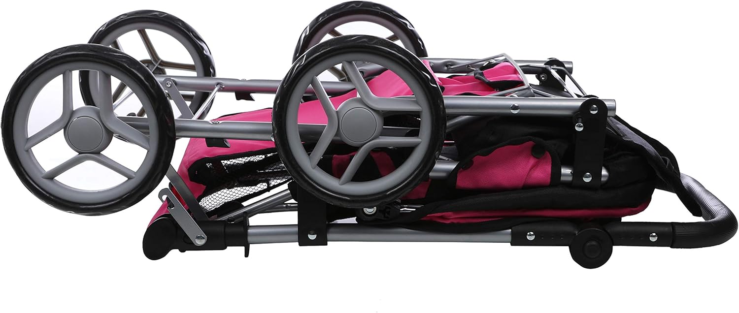 Mommy & Me Twin Doll Stroller Foldable Double Back to Back Doll Pram with Basket, Adjustable Handle, and Free Carriage Bag Hot Pink & Black - 9386