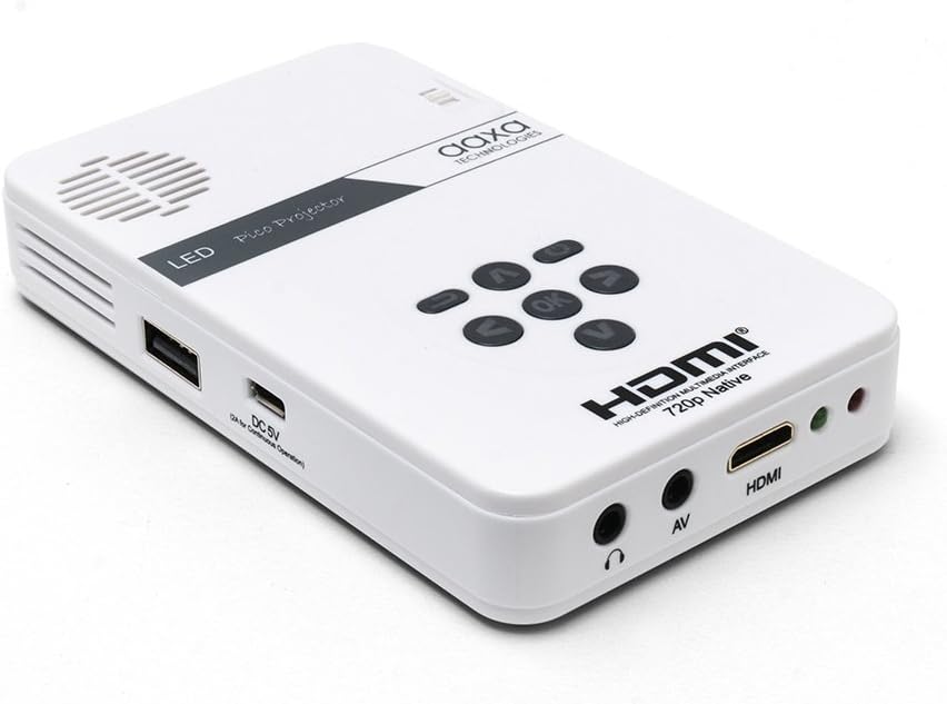 AAXA Technologies KP-101-01 AAXA LED Pico Micro Video Projector - Pocket Size Portable Mobile Mini Projector with mini-HDMI, built-in Media Player & Speakers, 3.5mm Aux Out, Micro SD/USB readers and 80 Min Lithium-Ion Battery