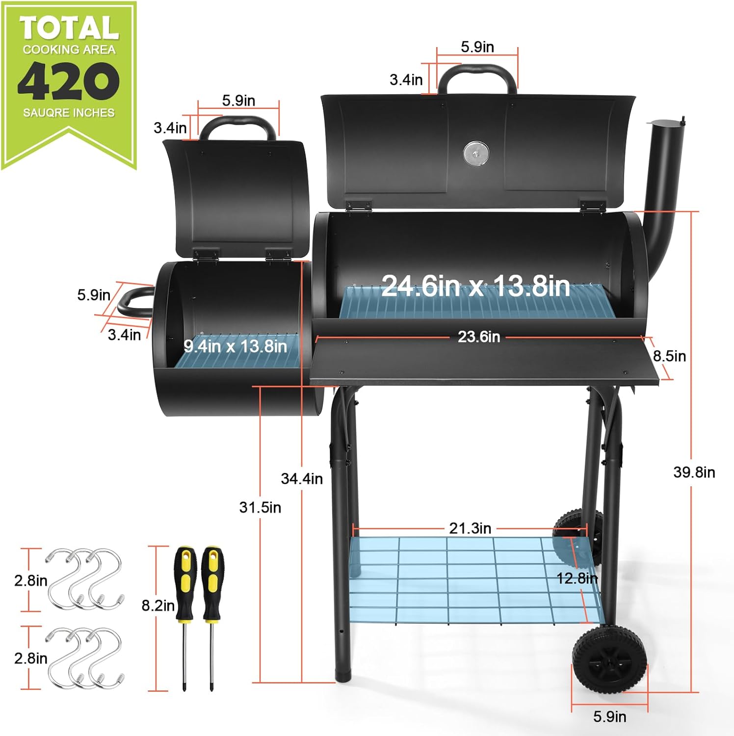 HaSteeL Charcoal Grill with Offset Smoker, Outdoor Barrel BBQ Grill, Camping Barbecue Grill for Patio Backyard Garden Party Picnic, Large 420.SQ.IN Cooking Area, 2 Screwdrivers & 6 Hooks - Black