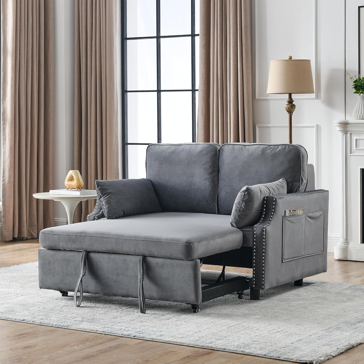 Grey Velvet Upholstered Recliner Bed with Pull-Out Sleeper Sofa Folding Loveseat Side Pockets for Living Room Abstract Lake House Modern Contemporary Solid Wood