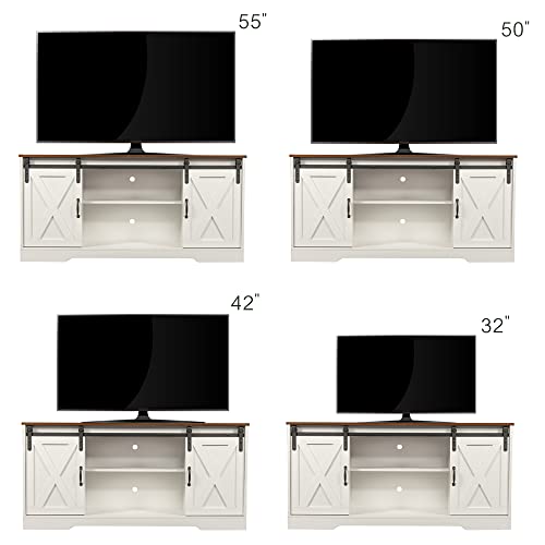 Farmhouse Wood TV Stand, Entertainment Center for Televisions up to 65 Inchs with Sliding Barn Doors, Media Furniture with Storage Cabinets for Living Room, 59 Inch, White & Rustic