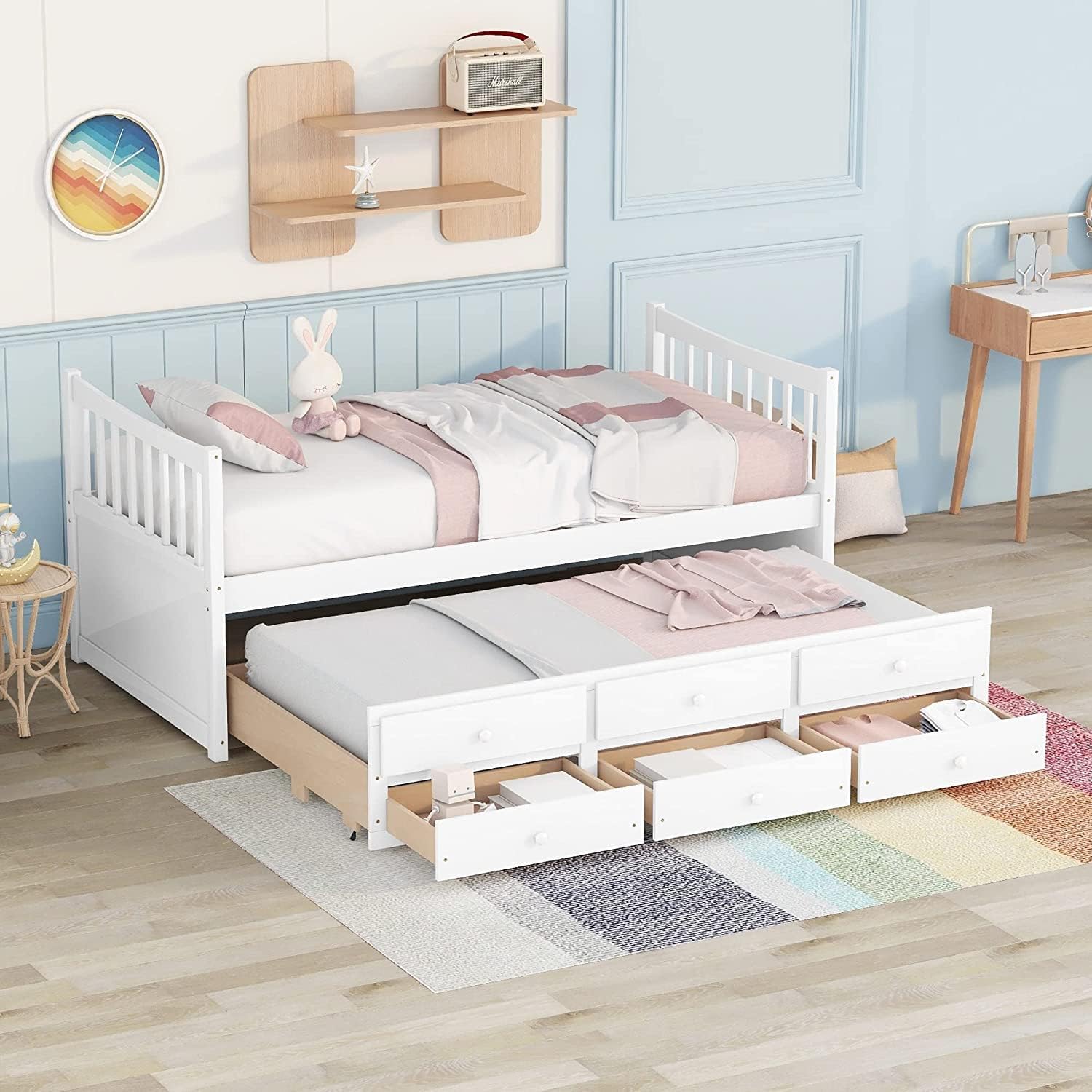 Harper & Bright Designs Daybed with Trundle and Storage Drawers,Wood Twin Captains Bed, Trundle Daybed with Storage for Kids Teens or Adults (Twin,White)