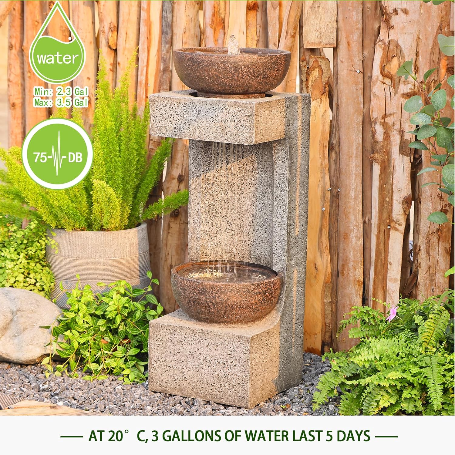 33.9" H Water Fountain Outdoor Garden Waterfall Decor for Garden, Patio, Backyard, Deck, Porch and Home Art Decor, Modern Tiered Outdoor Fountain with Lights and Stone Planter