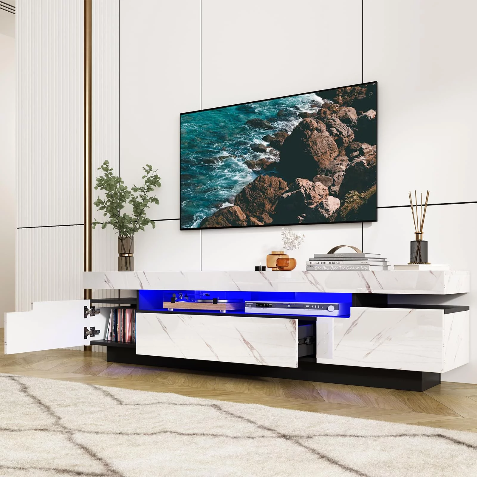 ChVans Led TV Stand for 85/80/75 inch TV, 70.9IN High Gloss Modern LED TV Stand with Storage, Entertainment Center with APP RGB Light,Television Stands for Living Room, White Marbling