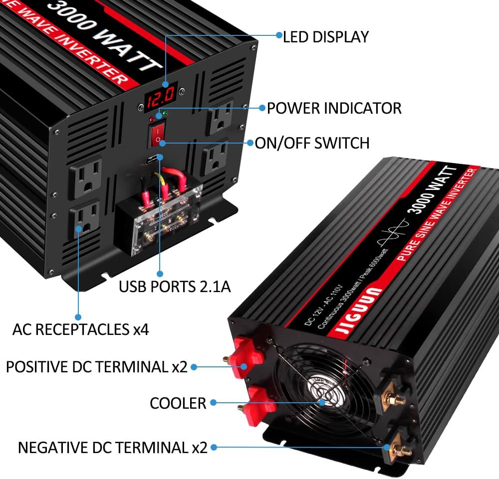 JIGUUN 3000 Watt/6000 Watt Pure Sine Wave Inverter, Power Converter 12V DC to 110v/120v AC, Car Inverter with 4 AC Outlets&USB Port 170ft Wireless Remote Control for RV Camping Truck(3000W-12V)