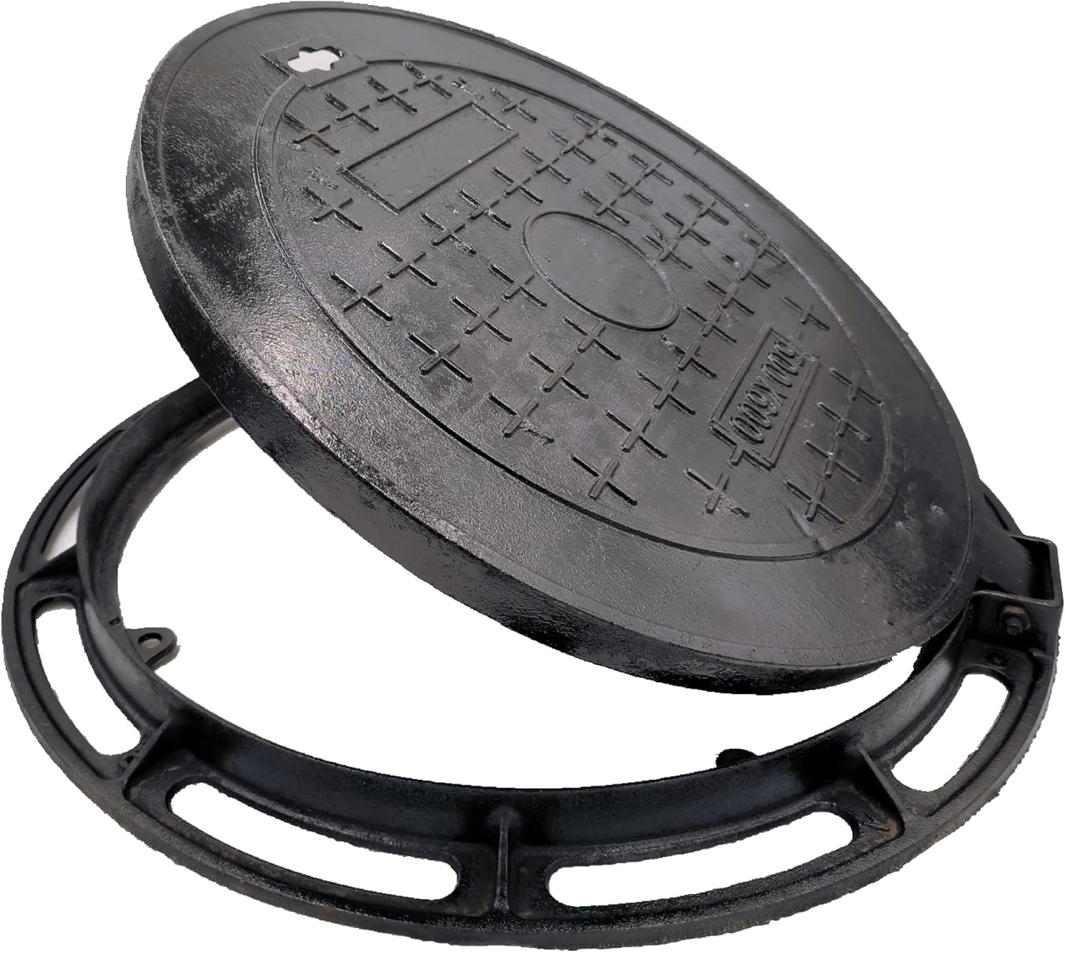 20” Cast Iron Manhole Cover and Frame, Black Septic Tank Lid with Base, Round Sewage Basin Cover, Heavy Duty Flat Cover for Corrugated Pipe or Riser (True Diameter 19.7 In)