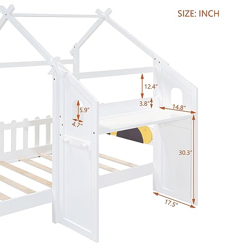 House-Shaped Twin Size Platform Bed with Windmill and Flower Decor, Solid Wood House Bed Kids Bed with Desk and 2 Handles for Girls Boys, Strong Sturdy Slats Support (at-White)