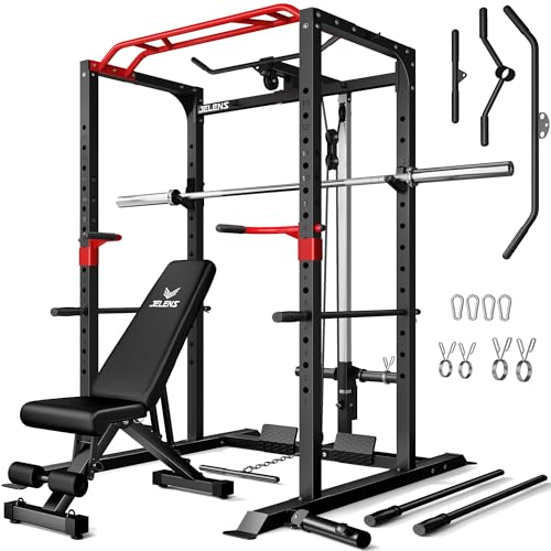 Power Cage, 2000LBS Multi-Function S11 Power Rack with LAT Pulldown, Squat Rack with Adjustable Pulley System and More Training Attachments, Weight Workout Machine for Home Gym