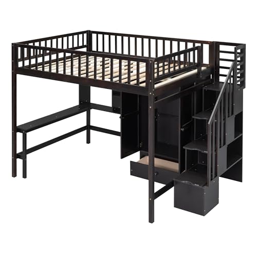 Full Size Loft Bed with Wardrobe Desk Storage Stairs, Wood Loft Bed Frame with Bookcase and Drawers, High Loft Bedframe for Kids Teens Adults, No Box Spring Needed, Espresso