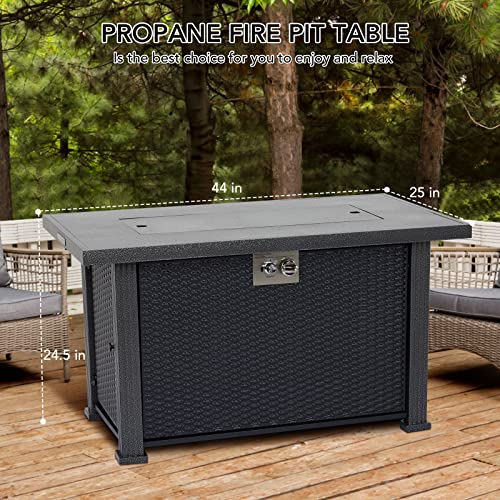 44 Inch Propane Fire Pit Table, 50000BTU Rectangle Fire Table with Cover & Rain Cover, Sturdy Steel and Iron Fence Surface, CSA Safety Certified, Companion for Your Garden