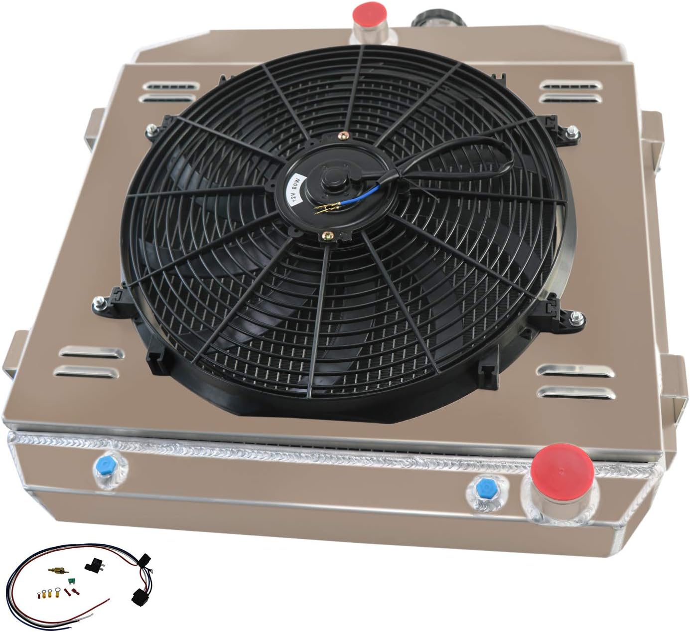 CoolingSnow 4 Row Radiator for Chevy Bel Air Nomad V8 1955 1956 1957 Aluminum Radiators + Shroud fan + Thermostat Relay Kits