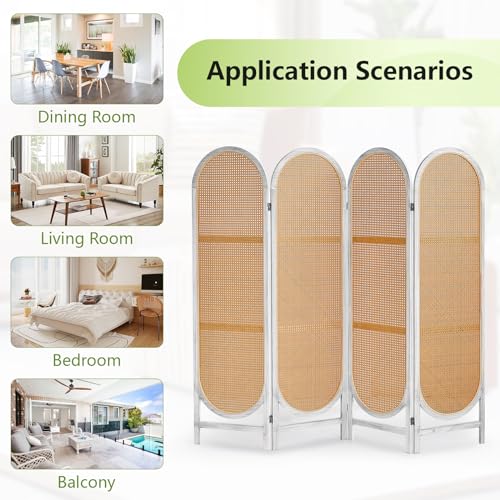 6 Panels Room Dividers and Folding Privacy Screens, Hand-Woven Rattan Room Divider Wall, Wood Room Divider Freestanding Room Partitions Screen for Home Office Bedroom, WhiteBrown
