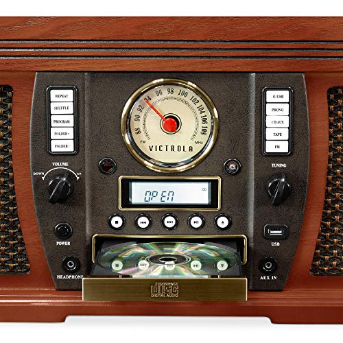 Victrola Aviator 8-in-1 Bluetooth Record Player & Multimedia Center with Built-in Stereo Speakers - 3-Speed Turntable, Vinyl to MP3 Recording, Wireless Music Streaming, Mahogany