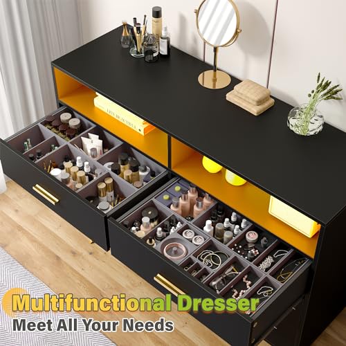 EnHomee Dresser for Bedroom, Black Dresser & Chests of Drawers, 6 Drawer Dressers with LED, Wood Dresser，Bedroom Dresser with Large Organizer，Modern Dresser Bedroom Furniture for Bedroom Closet