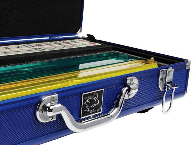 White Swan mAh Jongg - Ivory Tiles - Modern Pusher Arms - Wheeled Aluminum Case - Blue