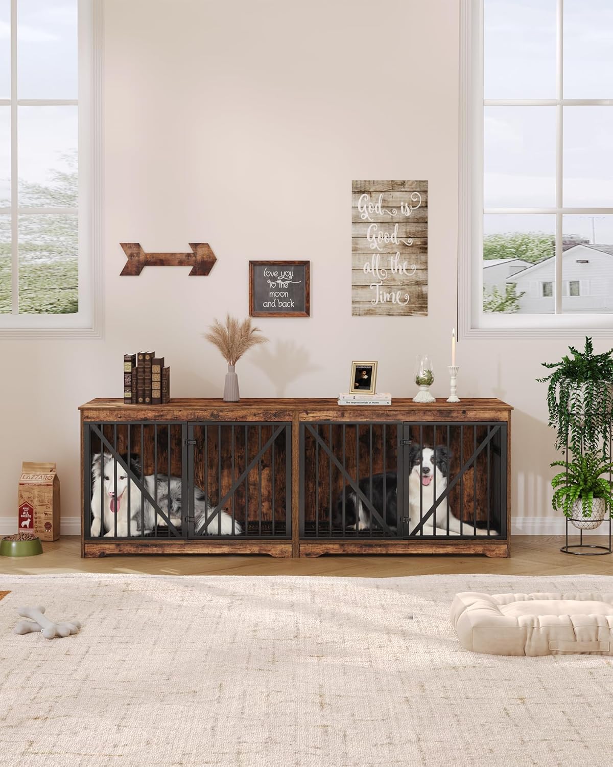 76.4" Dog Crate Furniture with Divider for 2 Dogs, Large Dog Kennel Indoor with Adjustable Door, Tray, Wood Dog Crate End Side Table for Small Medium Large Dog, Anti-Chew Anti-Escape, Brown