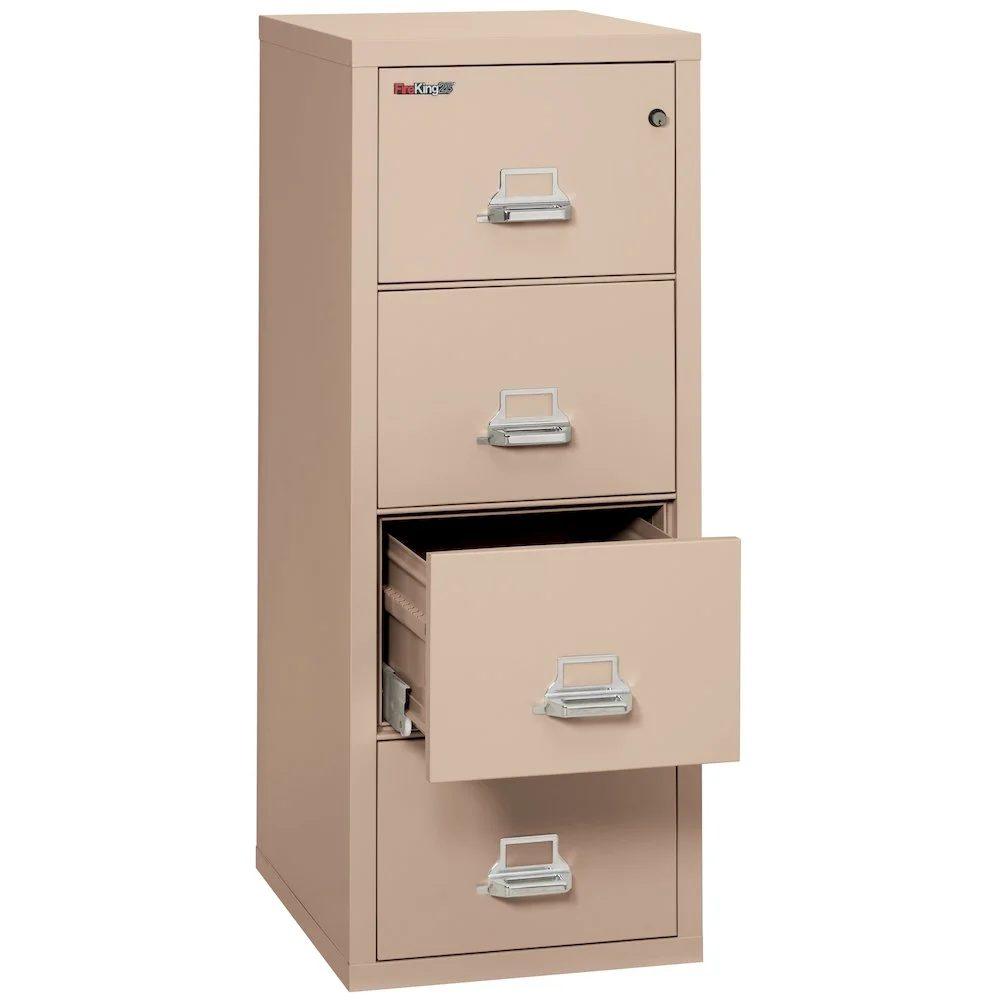 FireKing 25 Four-Drawer, Vertical Fire Resistant File Cabinet, 25" Depth Letter Size, 1-Hour Fire Resistant, Impact Rated Cabinet With Heavy-Duty Keylock, Champagne