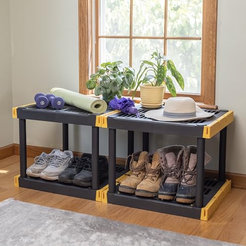 BLACK & YELLOW® 4-Tier Heavy Duty Plastic Storage Shelving Unit, 100lbs/shelf (55”H x 24”W x 20”D), for Indoor/Outdoor Organization, Modular Rack, Extremely Durable®, Made in The USA [2 Pack]