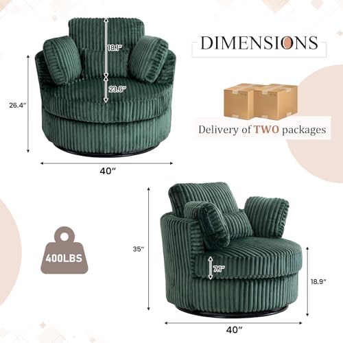 Chair and A Half with Ottoman, 360° Swivel Accent Barrel Chair Modern Comfy Round Reading Sofa Swivel Chairs Circle Lounge Chair for Bedroom Living Room w/4 Pillow Lower Seating Heigh (White, Large)