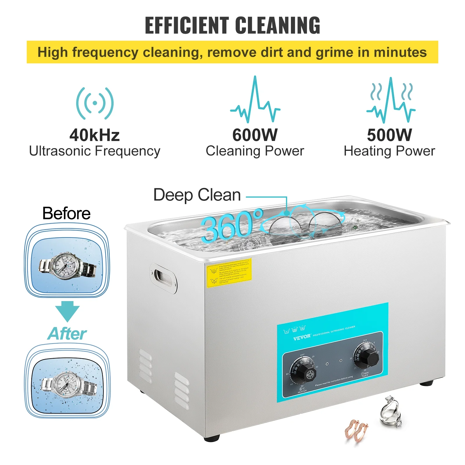 VEVORbrand 30L Ultrasonic Cleaner 304 Stainless Steel Professional Knob Control Ultrasonic Cleaners with HeaterTimer for Jewelry Watch Glasses Circuit Board Dentures Small Parts Dental Instrument