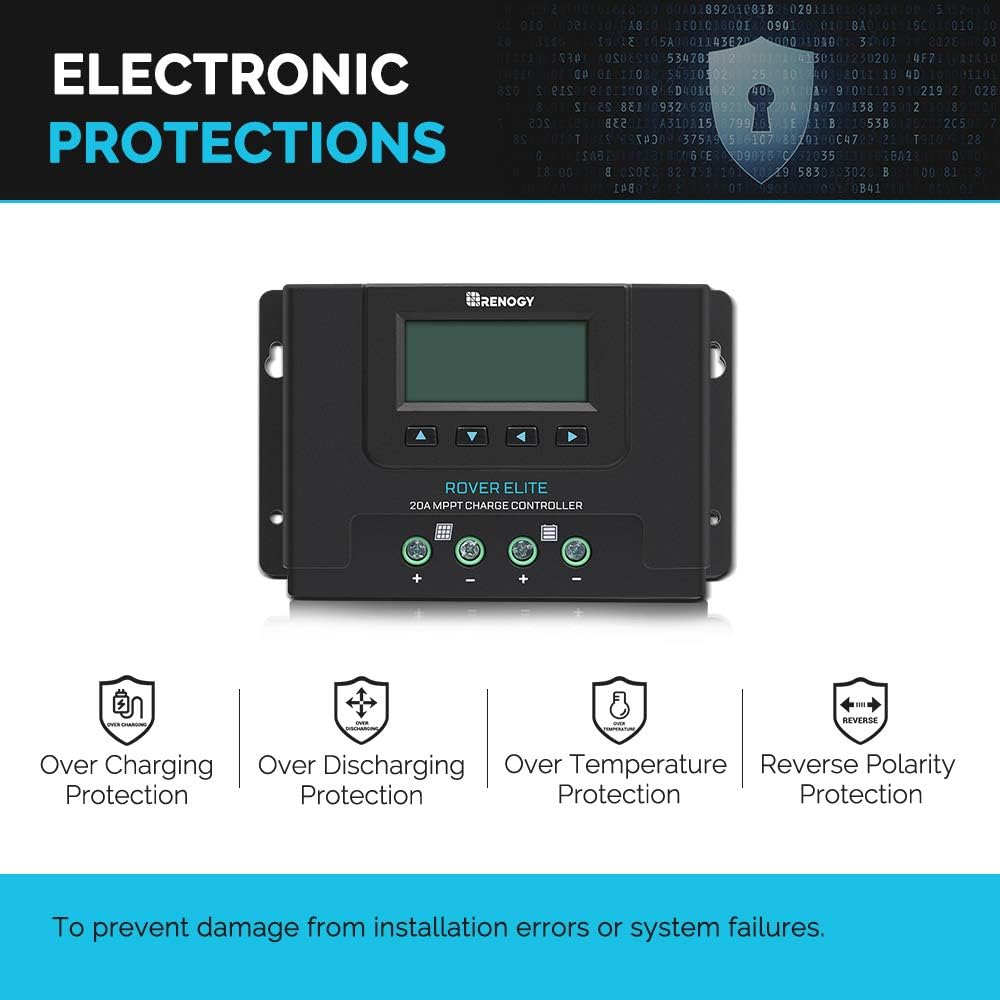 Renogy Solar Charge Controller 12V/24V Auto MPPT with LCD Backlit Display w/Temp Sensor Fit for Gel Sealed Flooded and Lithium Battery, Rover Elite 20A
