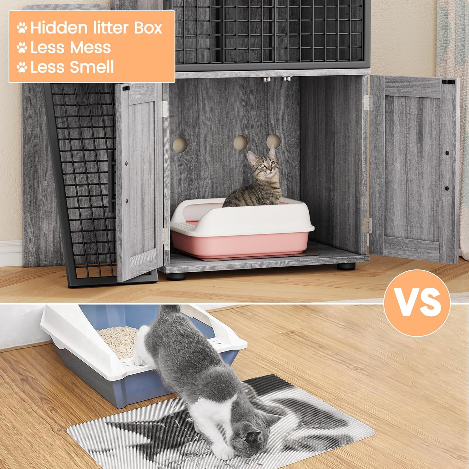 Towallmark Modern Villa Cat Litter Box Enclosure with Platform,Double Layer Cat Litter Hidden Furniture, Large Cat Cabinet with Ladder, Cat Washroom Indoor Cat House, Wax Wood