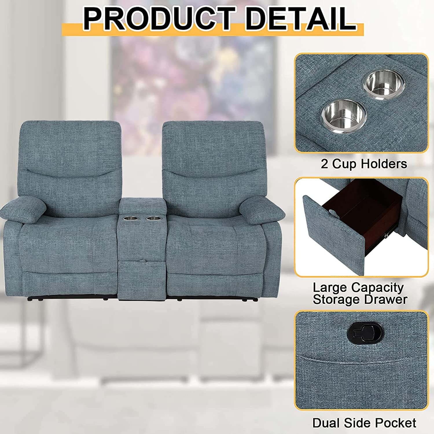 Reclining Sofa, Double Reclining Loveseat with Console, 2 Seater Sofa Home Theater Seating, Fabric Recliner Sofa Couches with Storage and Cup Holders
