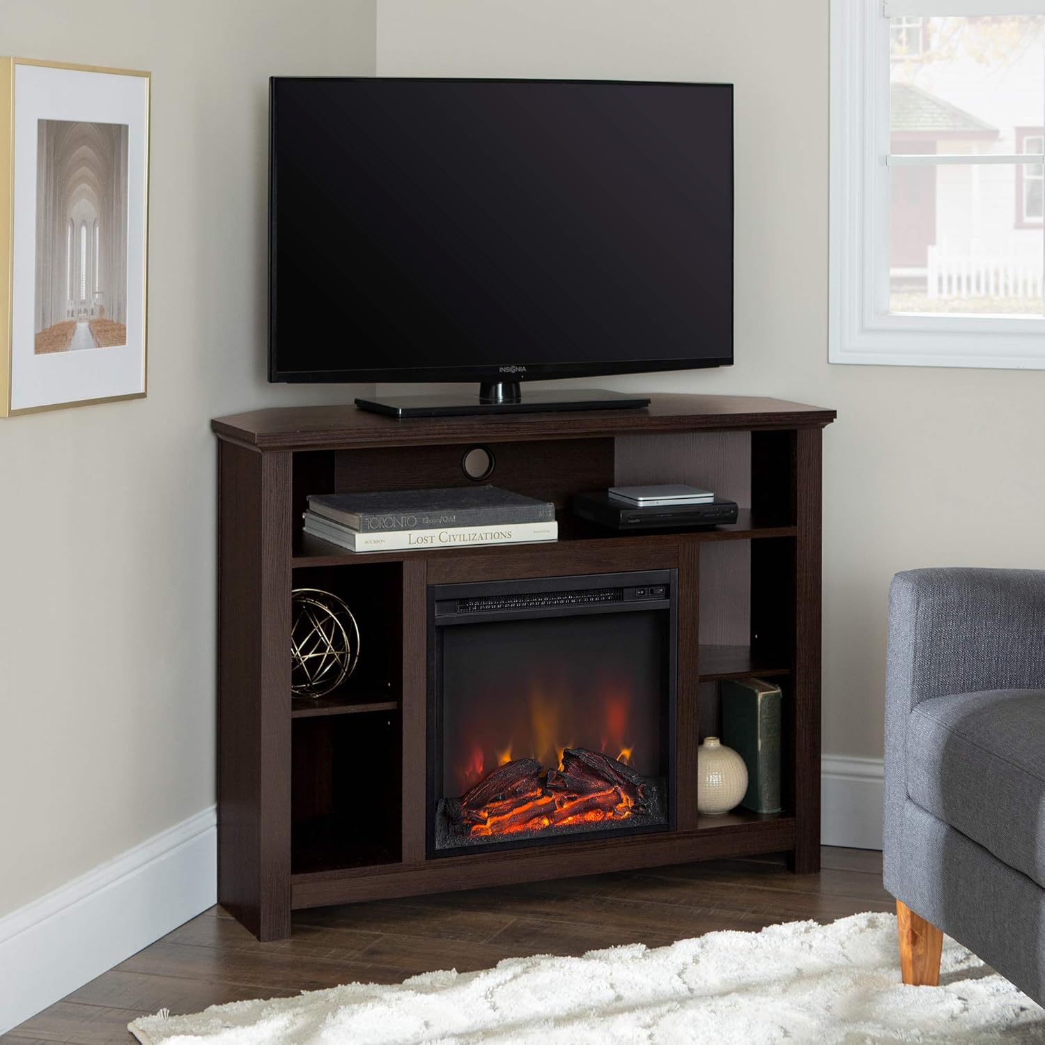 Walker Edison Alcott Classic Glass Door Fireplace Corner TV Stand for TVs up to 55 Inches, 48 Inch, Espresso