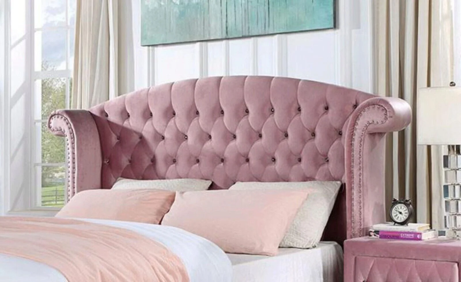 Glam Pink Upholstered Tufted Velvet Like Fabric 4pc Twin Size Bed Set Dresser Mirror Nightstand Bedroom Furniture