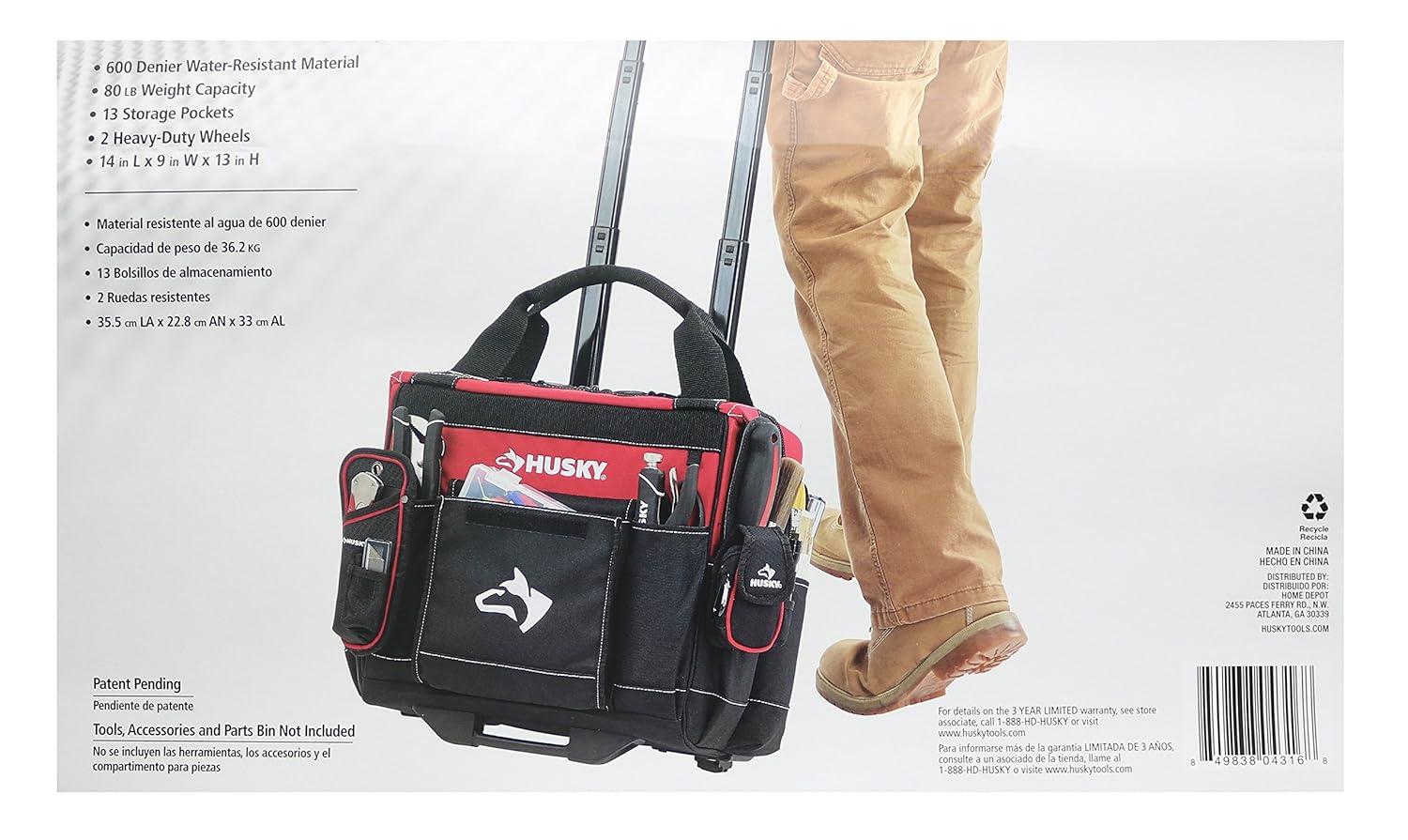 Husky GP-44316AN13 14" 600-Denier Red Water-Resistant Contractor's Rolling Tool Tote Bag with Telescoping Handle