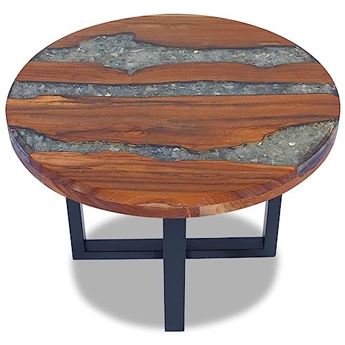 Coffee Table Teak Resin 23.6",Round Coffee Table with Resin Decoration, Rustic Teak & Mango Wood Table for Living Room or Bedroom