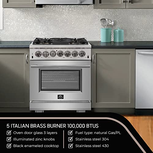 FORNO Capriasca Freestanding Dual Fuel Gas Range Burners Cooktop and Electric Convection Oven, Stainless Steel Stove Range